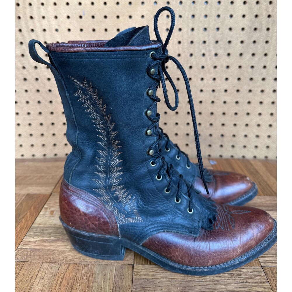 Vintage Abilene Two-Tone Leather Packer Boots | Lace-Up Western Kiltie Boots - Picture 3 of 9